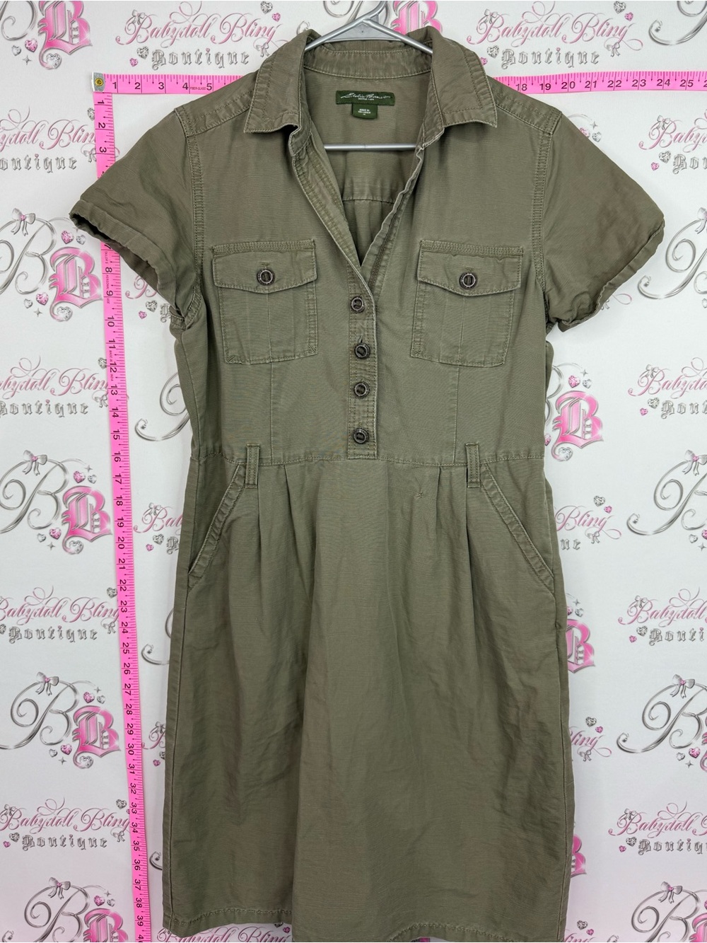 Eddie Bauer dress vintage buttons cargo Olive Green Utility Shirt Dress